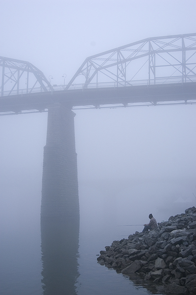 Chattanooga bridge and Tennessee River in fog