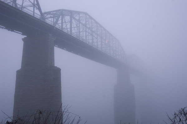 Bridge in Chattanooga surrounded by heavy fog